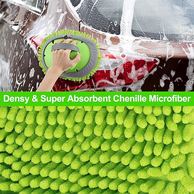 62'' Car Wash Brush with Long Handle Chenille Microfiber Car Wash Mop Mitt Kit Scratch-Free Car Cleaning Brush Care Kits with Replacement Head Supplies for Cars RV Truck Boat