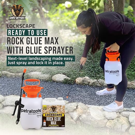 PetraMax Lockscape Rock Glue for Landscaping w/Sprayer, 1 Gal (Made in USA) - 100% Permeable Landscape Adhesive for Stones & Pebbles - Ready to Spray Pea Gravel Binder & Mulch Glue for Landscaping