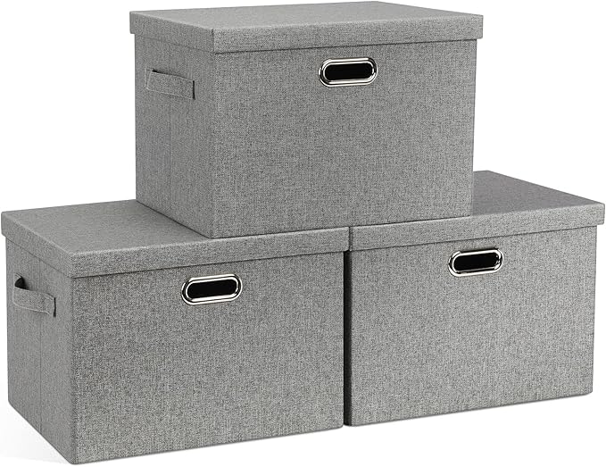 Graciadeco Large 17" 36 Quart Collapsible Stackable Storage Bins with Lids, 3 Packs Grey Linen Fabric Closet Boxes with Lids, Storage Cube Baskets Container Organizers for Bedroom Office(17 x12 x11)