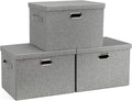 Graciadeco Large 17" 36 Quart Collapsible Stackable Storage Bins with Lids, 3 Packs Grey Linen Fabric Closet Boxes with Lids, Storage Cube Baskets Container Organizers for Bedroom Office(17 x12 x11)