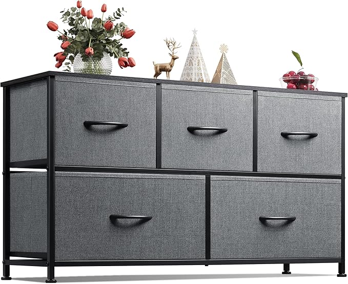 WLIVE Wide Dresser for Bedroom, 5 Drawer Chest of Drawers, Dark Grey | 5 roomy fabric drawers, Wide storage design, Bedroom or closet use, Sturdy steel frame, Smooth wood tabletop