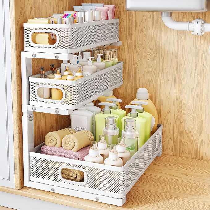 Under Sink Organizer, 1-Pack 3-Tier Thickened Metal Pull out Cabinet Organizer Shelf, Height Adjustable Slide out Storage Drawer Rack for Kitchen Bathroom Pantry Laundry Home Organization, White