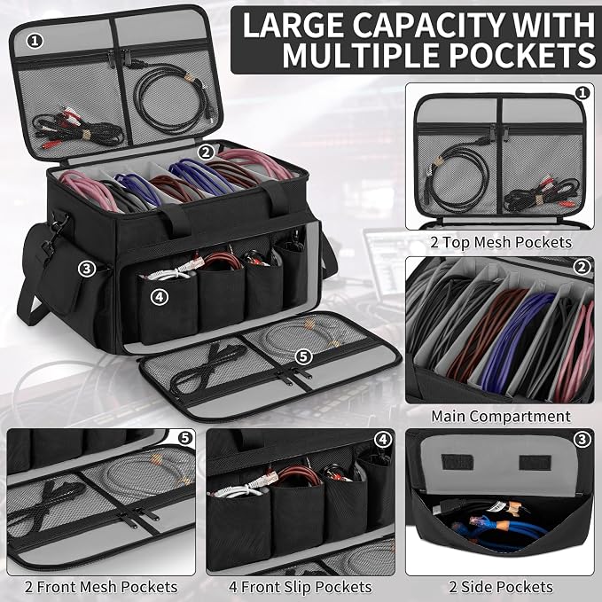 IBVIVIC Cable File Bag With Adjustable Dividers Dj Gig Bag for Cables, Cords,DJ Gear,Sound Instrument and Accessories 16L x 11W x 12H inch, Grey