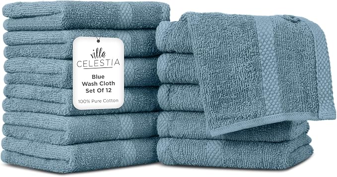 Villa Celestia Cotton Washcloths Set of 12, 12x12 Inch, 100% Ring-Spun Combed Cotton, Soft Absorbent Quick-Dry Wash Cloths for Face and Body, Oeko-TEX Certified, Hotel & Spa Quality, Blue