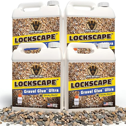 Lockscape Gravel Glue for Landscaping Ultra, 4 G - Wide Coverage & Pet Safe Mulch Glue for Rocks - Lockdown Gravel/Pebbles/Stones - Sticky Clear Gravel Binder & Decomposed Granite Stabilizer (1Gx4)