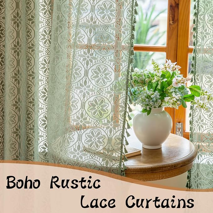 Sutuo Home Olive Green Boho Lace Curtains 2 Panels for Kitchen Kid's Room,Bohemian Floral Light Filtering Crochet Vintage Country Rustic Tassels Drape Privacy Window Treatments Rod Pocket, 50" x 63"