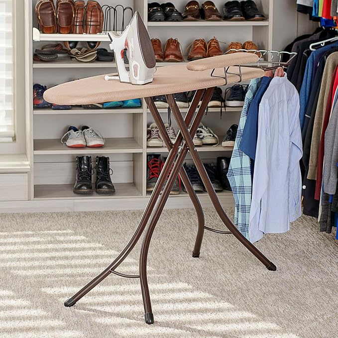 Household Essentials Mega Ironing Board, 4-Leg, Steel Top Pressing Station, Heat-Resistant Fiber Pad and Polyester Cover, Includes Sleeve Board and Iron Rest with Hanger Bar, Bronze Frame