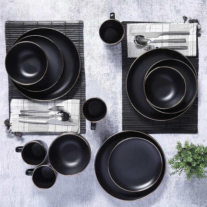 Gibson Home Rockaway 16-Piece Round Stoneware Dinnerware Set, Service for 4 – Black with Gold Rim Plates and Bowls, Microwave & Dishwasher Safe