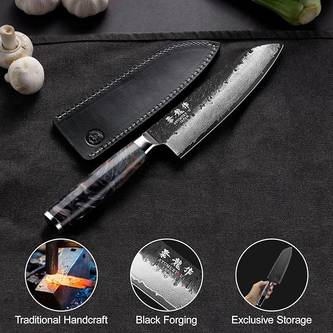 7 Inch Japanese Damascus Santoku Knife, VG10 Steel Forged | Kurouchi Forged Finish, Slice • Dice • Mince, Wide Blade Versatility, Leather Sheath Included, Premium Gift Box