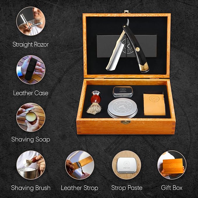 Naked Armor King Arthur Straight Razor Kit, Gold Japanese Stainless Steel | 7-Pc Shave Ready Wet Shaving Kit, 7/8" Barber Straight Edge Razor Set, Strop, Paste, Brush, Soap, Sheath, Box, Gifts for Men