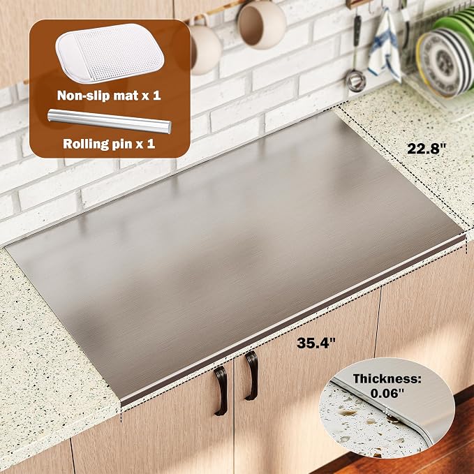 tonchean Extra Large 304 Stainless Steel Chopping Board with Lip, 35.4”x 22.8”Steel Cutting Board with Rolling Pin, Metal Noodle Board Pastry Board Kneading Dough Board for Kitchen Restaurant