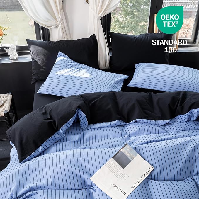 Reversible Duvet Cover Set 100% Washed Cotton Blue Stripe Linen Feel Duvet Cover Queen Size with Zipper Closure & 2 Pillow Shams, Blue/Black Stripe Reverse Solid Black