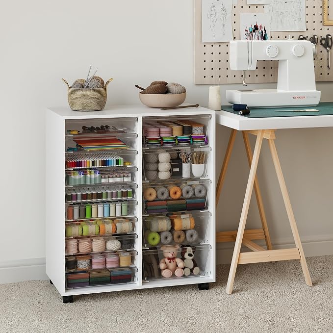 WOPITUES Mobile Storage Cabinet with 15 Clear Drawers, Craft Cabinet with 5 Large Drawers, Cart with Wooden Tabletop, Printer Stand Home Office, Dresser Chest, Modern White