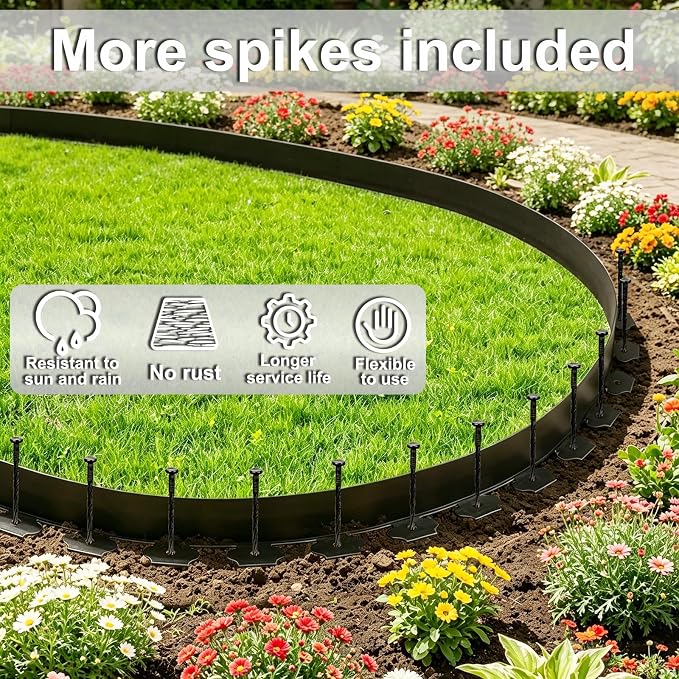 3 Inch x 100FT Garden Edging Border, Landscaping with 150pcs Spikes | landscape edging,garden edging,garden edging border,flower bed edging borders,lawn edging, Yard, Paver, Playground, Pathway