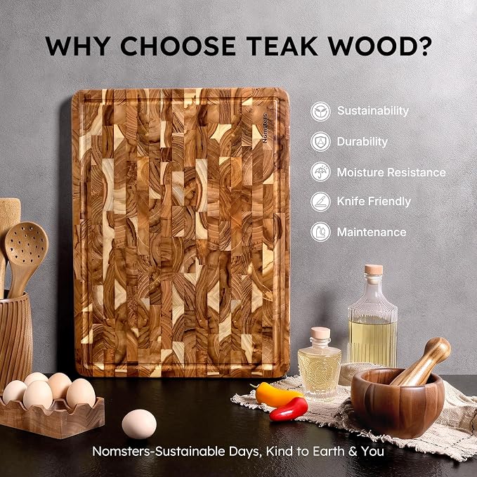 Teak Wood Extra Large End Grain Cutting Board for Kitchen with Non-slip Feet, Heavy Duty Checkered Cutting Board with Juice Groove & Handle Handcrafted Luxury Chopping Board for Meat, Vegetables