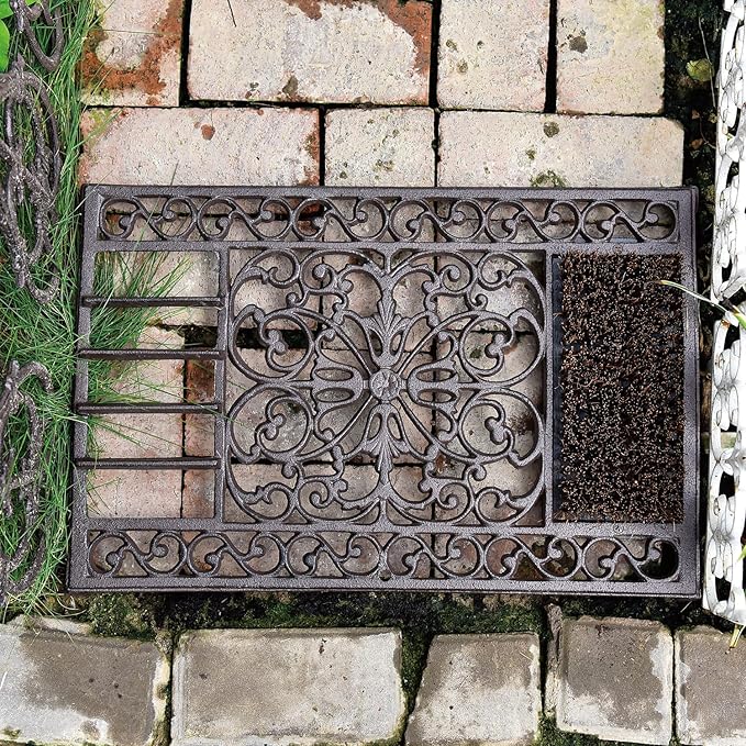 Sungmor Outdoor Cast Iron Doormat, Vintage Boot Scraper with Brushes, Rustic Brown Rectangle Shoe Scraper Mat, 22.8" Heavy Duty Decorative Shoe Cleaning Mat for Front Door, Entrance, Garden