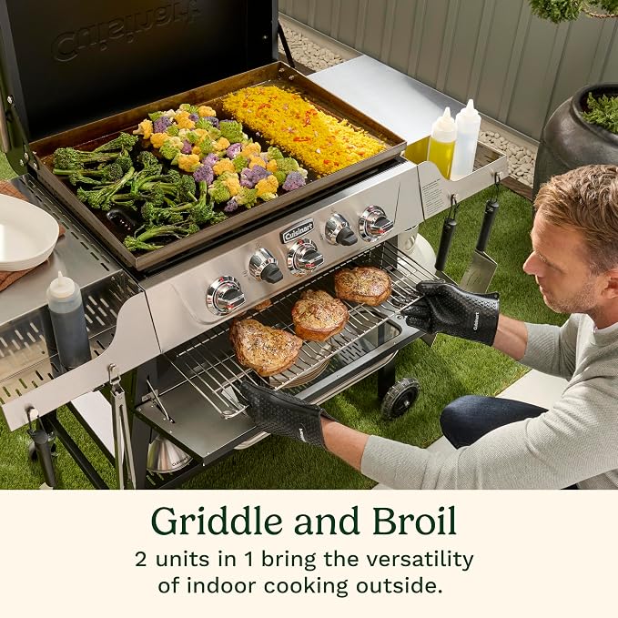 Cuisinart 28” Outdoor Griddler and Broiler Combo, 2-in-1 Carbon Steel Flat-Top Grill and Broiler with Hood, Adjustable Rack, Wheels, Side Tables, Large Cooking Area for BBQs, Outdoor Griddle Station