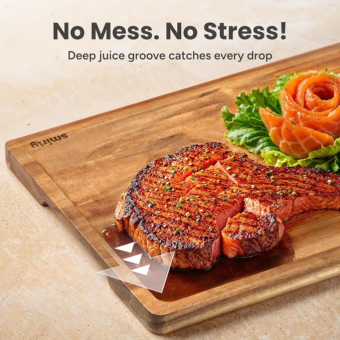 SMIRLY Cutting Boards for Kitchen, 3 Piece Acacia Cutting Board with Stand | Non Toxic Cutting Board with Juice Grooves and Handles, Multiple Sizes Wood Chopping Board for Meat Vegetable Charcuterie