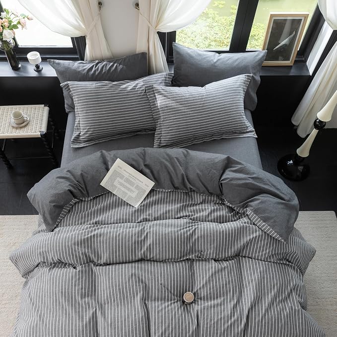 Reversible Duvet Cover Set 100% Washed Cotton Dark Grey Pinstripe Linen Feel Duvet Cover Queen Size with Zipper Closure & 2 Pillow Shams,Dark Grey/White Stripe Reverse Solid Dark Grey