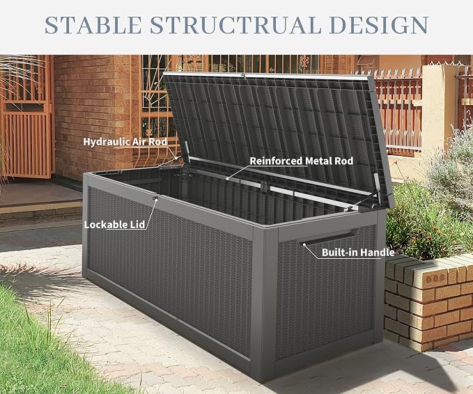 300 Gal Deck Box, Outdoor Storage Box Waterproof Lockable, Gas Lift,Grey | Large sturdy resin deck box, double wall panels, waterproof backyard storage for package delivery, garden hoses outdoor tools