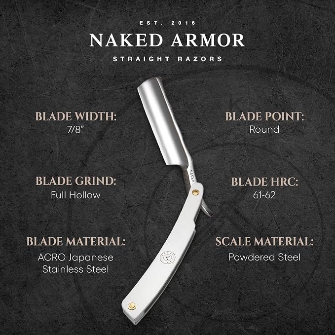 Naked Armor Merlin Straight Razor Kit, Japanese Stainless Steel Shaving Set | 7-Pc Shave Ready Wet Shaving Kit, 7/8" Barber Straight Edge Razor Set, Strop, Paste, Brush, Soap, Sheath, Box, Gifts for Men