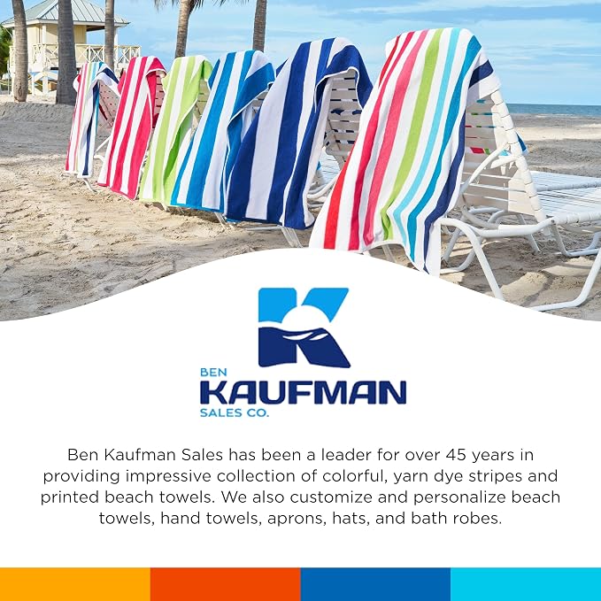 Ben Kaufman Cabana Stripe Beach & Pool Towel - Large Cotton Terry Beach Towel - Soft & Absorbant - Assorted Colors - 30" x 60" - 12 Pack