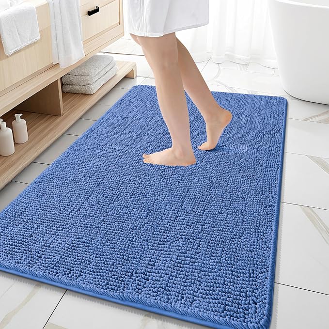 OLANLY Large Bathroom Rugs 59x35, Soft Absorbent Chenille Bath Rugs, Rubber Backing Quick Dry, Machine Washable Bath Mats for Bathroom Floor, Tub and Shower, Home Decor Accessories, Cornflower Blue
