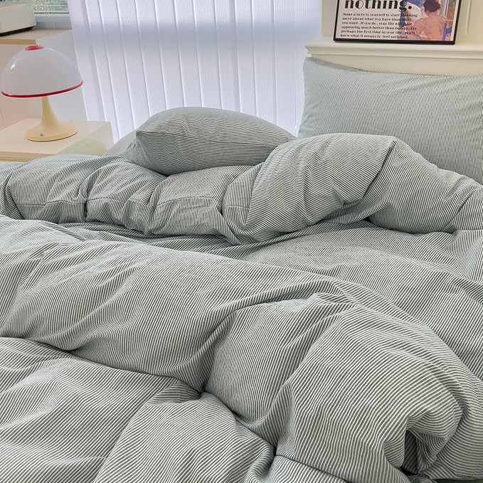 mixinni Green Striped Duvet Cover Full Size - 100% Washed Cotton Pinstripe Comforter Cover with Zipper Closure, Lightweight & Breathable, 3 Pieces Minimalist Stripes Pattern Printed Bedding Set