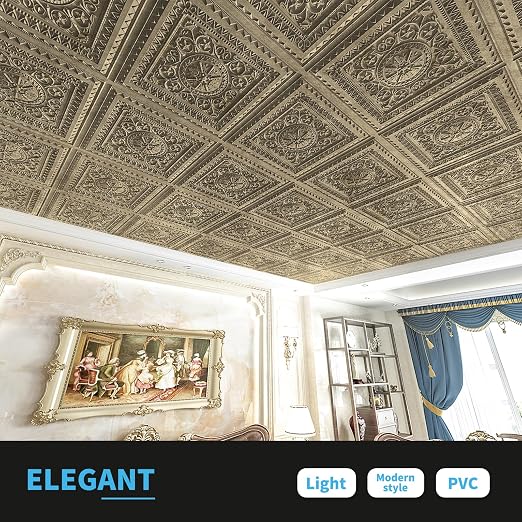 Art3d Drop Ceiling Tiles, Glue up Ceiling Tiles, 2'x2' Plastic Sheet in Antique Gold (12-Pack, 48 Sq.ft)
