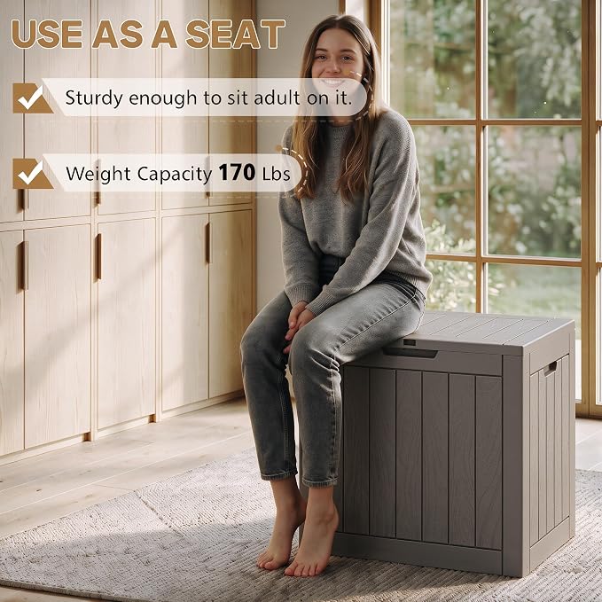 NUNU LAB 35 Gal Outdoor Storage Box Waterproof Lockable,Deck Box,Grey | Waterproof Outdoor Storage Box, Lockable Lid Deck Box for Package Delivery, Backyard Bin for Garden Tools, Patio Cushion