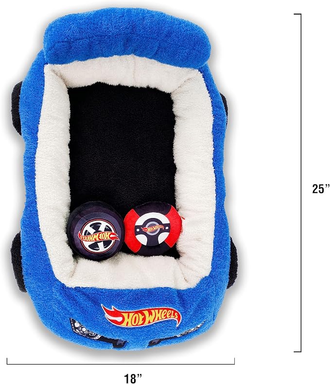 Megatoys Hot Wheels Plush Car Pet Bed – Themed Blue Car Design for Dogs and Cats with Toy Steering Wheel and Tire