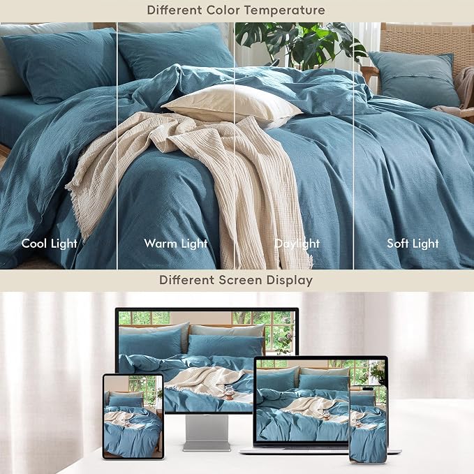 MooMee Duvet Cover Set 100% Washed Cotton Linen Like Full | Relaxed Linen-like Texture. Soft, Breathable & Long-lasting Comfort. Lightweight. Hidden Zipper with 8 Interior Corner Ties