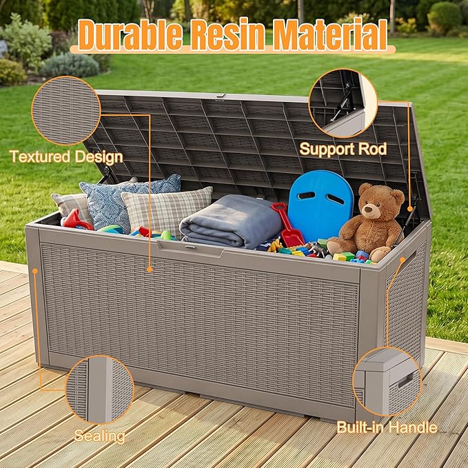 Outdoor Storage Box, 170 Gallon Waterproof Resin Deck Box with Support Rod | UV Resistant Lockable Package Delivery Bin, Shoe, Patio & Garden Tools Storage, Toy Cabinet, Ottoman, Indoor/Outdoor