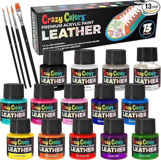 Crazy Colors Premium Acrylic Shoe & Leather Paint Kit 13-Color with 4 Brushes (1 oz Bottles) - Acrylic Leather Paint for Shoes, Sneakers, Jackets, Bags, Purses, Furniture