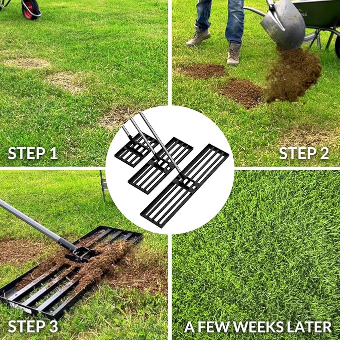 Walensee Lawn Leveling Rake, Reinforced Leveler with 6.5FT Steel Handle | 17X10 Inch Steel Head, Topdressing Spreader, Soil Sand Leveling, Sturdy Screw Lock Handle, Lawn Repair, Garden Maintenance