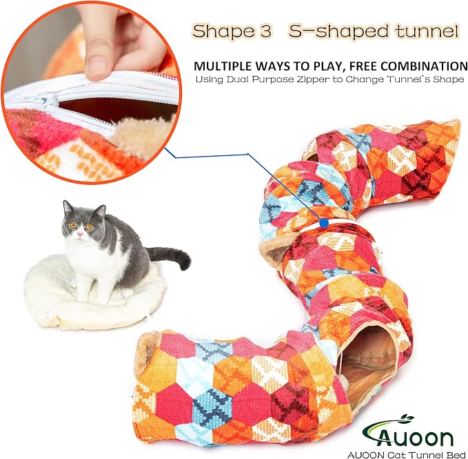 AUOON Cat Donut Tunnel with Bed for Kitten Puppy Rabbit Ferret, Orange | 2-in-1 Interactive Cat Toy, with Hanging Ball Toy, Machine Washable Center Pad, 36"L x 36"W x 10.7"H