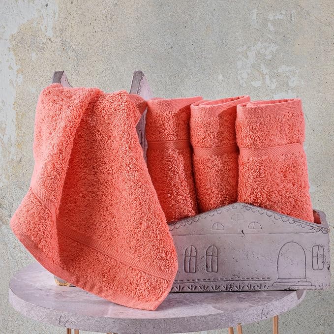 Washcloth Linen Set Premium Original Turkish Cotton, Hotel Quality for Maximum Softness & Absorbency for Face, Hand, Kitchen & Cleaning (Coral Orange, Washcloth Set)