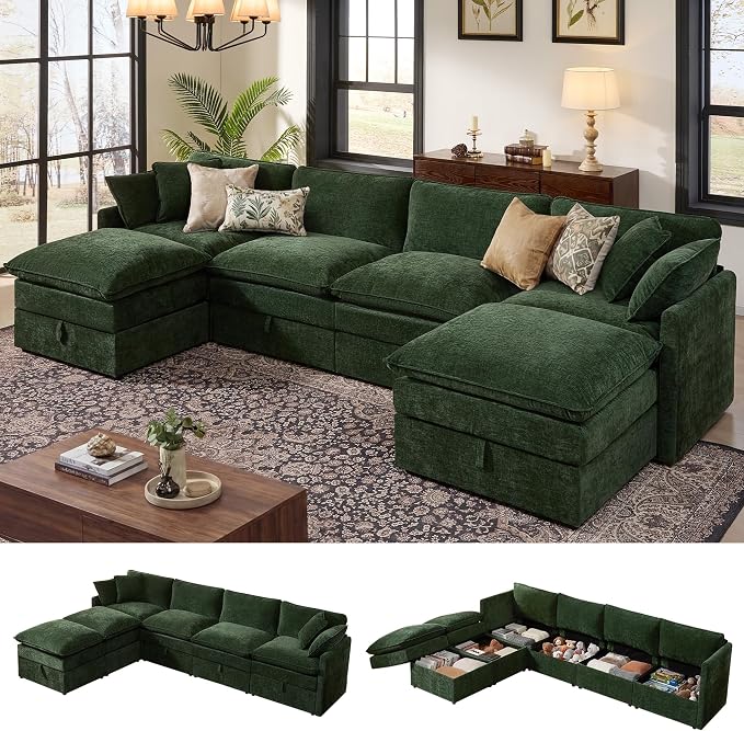 Ihanherry 135” Modular Sectional Sofa with Storage, U Shaped Cloud Couch with Movable Ottomans & 4 Pillows, Chenille Deep Seat Sectional Couches for Living Room, Apartment (Green)