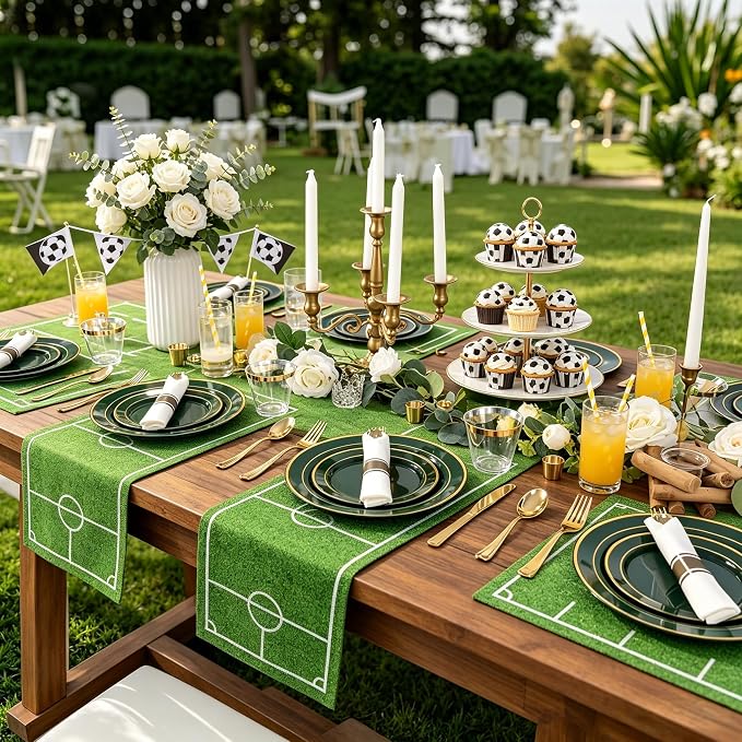 WDF Partyware 175PCS Green Plastic Plates - Green and Gold Disposable Plates 25Guests Plastic Plates with Rolled Napkins for Birthday/Party/Wedding/World Cup 2026