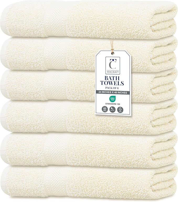 Medium Size Bath Towels Set of 6 – 100% Cotton Terry – 24" x 48" – Quick Dry, Soft & Highly Absorbent – Ivory Towels for Bathroom, Gym, Spa, Pool & Daily Use
