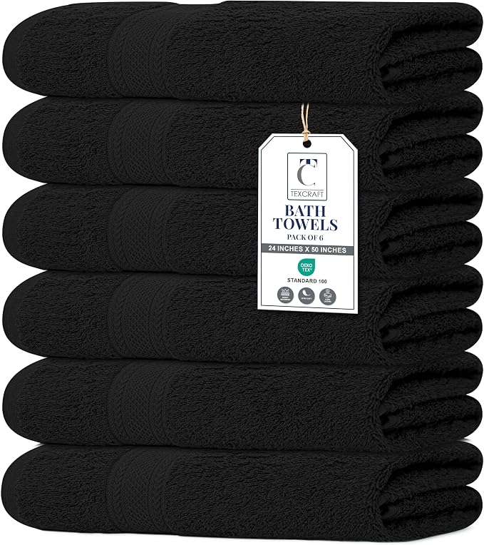Large Bath Towels Set of 6 – 100% Cotton Terry – 24" x 50" – Quick Dry, Soft & Highly Absorbent – Black Towels for Bathroom, Gym, Spa, Pool & Daily Use