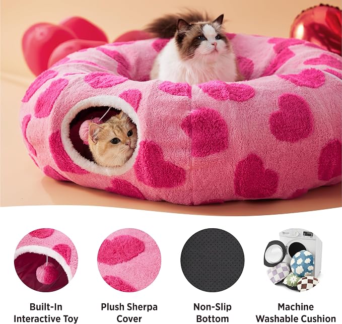 Lesure Cat Tunnel Bed for Indoor Cats - Cute Cat Donut Tunnel Toys with Washable Circle Cushion, Valentine's Day Gifts for Cats, Round Pet Peekaboo Cave Toy for Kitten, Standard Lover Hearts