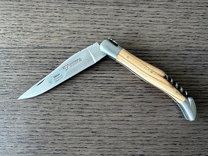 Laguiole en Aubrac Handcrafted Luxury Folding Pocket Steak Knife with Corkscrew, 4.75-in (12 cm), Olive Wood Handle, Brushed Bolsters