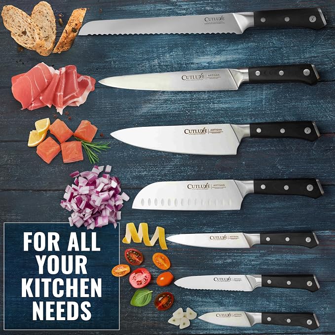 Cutluxe Kitchen Knife Set, 8-Piece Chef Knives with Acacia Wood Block | Razor Sharp Full Tang Blades, High Carbon German Steel – Artisan Series, Professional