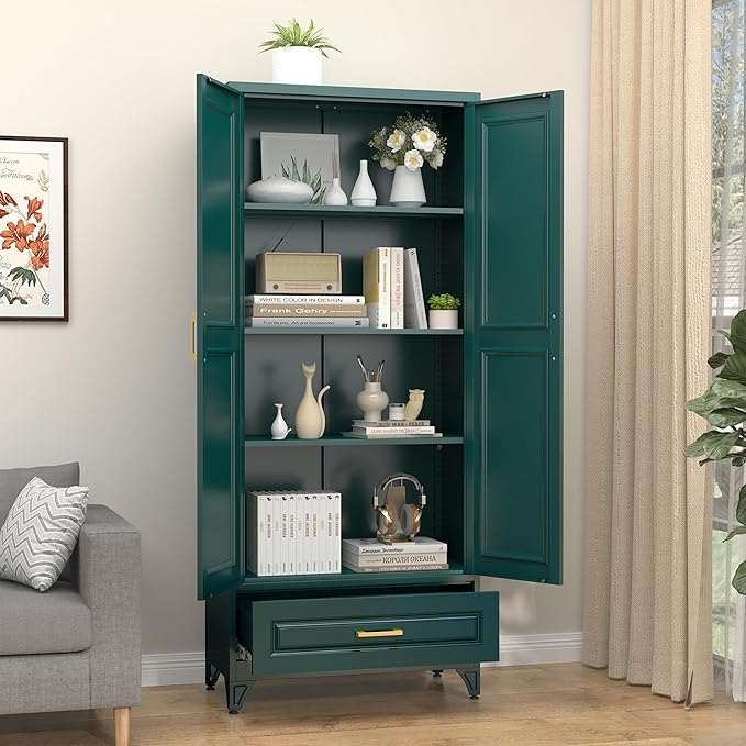SteeLoong 75" Metal Storage Cabinet with Doors and 3 Adjustable Shelves | Kitchen Pantry Cabinet with Drawer,Green Kitchen Cabinet with 2 Gold Handles,Food Cupboard for Livingroom,Pantry, Bathroom