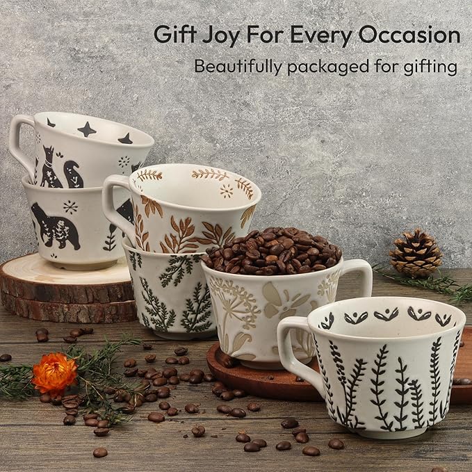 11 oz Ceramic Coffee Mug, Stoneware Teacup with Handle | Small Novelty Unique Cup for Tea Mocha Latte Cappuccino, Microwave Dishwasher Safe (Set of 2, Ivy and Leaf)