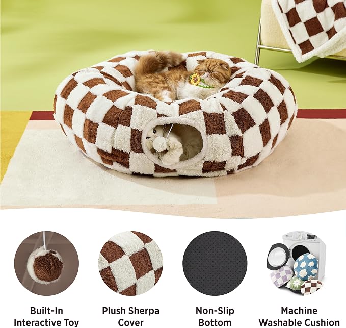 Lesure Large Cat Tunnel Bed - Cute Donut Bed for Indoor Cats with Washable Circle Cushion, Round Pet Peekaboo Cave Toy for Multi Kitten/Puppy/Rabbit, Large Brown Checks