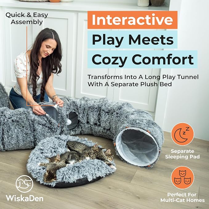 WiskaDen XL Plush Cat Tunnel Bed with Toy and Elderly Feline Access. 3-in-1 Dark Grey Fluffy Donut Cushion. Circle Tube for Indoor Cats Leisure, Hiding Spot, Dog Bed, or Rabbit Cave