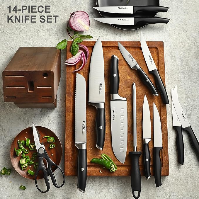 Fikshot Knife Set, German Stainless Steel, Black, 14-Piece kitchen knives | Full Tang Handle, Ultra-Sharp, Knife Block & Sharpener Included, Rust-Resistant, Dishwasher-Safe, Gift for Chefs, BBQ Prep