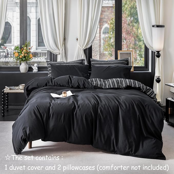 Reversible Duvet Cover Set 100% Washed Cotton Black Stripe Linen Feel Duvet Cover Queen Size with Zipper Closure & 2 Pillow Shams, Black/White Stripe Reverse Solid Black